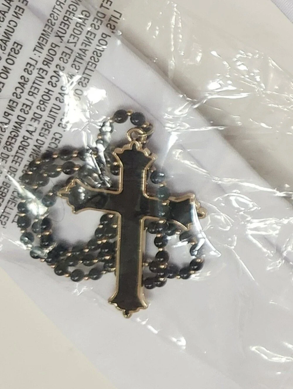 Black Beaded Ball Chain Necklace with Large Cross Pendant – 24
